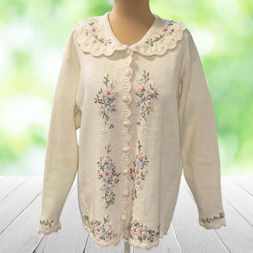 Vtg CAROLYN TAYLOR Hand Embroidered Cardigan Sweater Peter Pan Collar Floral L